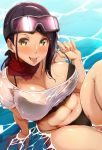  1girl bangs bare_shoulders bikini black_bikini black_hair blush breasts cleavage collarbone goggles goggles_on_head green_eyes highres idolmaster idolmaster_cinderella_girls large_breasts long_hair looking_at_viewer navel open_mouth ponytail red_neckwear shirt sitting smile solo strap_pull swept_bangs swimsuit thighs tokiwa_midori_(kyokutou_funamushi) tongue tongue_out water wet wet_clothes wet_shirt white_shirt yamato_aki 