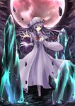  book bow brooch cloudy.r crescent dress full_moon hair_bow hair_ribbon hat highres jewelry long_hair moon patchouli_knowledge purple_eyes purple_hair red_moon ribbon solo touhou 