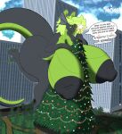annoyed anthro areola artist_logo bent_leg big_areola big_breasts big_butt big_nipples black_body black_nipples blue_sky breasts building butt christmas christmas_decorations christmas_lights christmas_tree city city_background claws cloud cloudy_sky cross-popping_vein curvy_figure dialogue digitigrade dragon ear_frill european_mythology fangs female fluffy fluffy_hair forked_tongue frill_(anatomy) green_body green_breasts green_claws green_eyes green_hair green_horn green_scales green_tongue hair hand_on_breast hi_res holding_tree holidays horn huge_areola huge_breasts huge_butt huge_nipples huge_thighs hyper hyper_breasts kaya_(knockedoutdragon) knockedoutdragon logo long_hair long_tail macro_female mythological_creature mythological_scalie mythology nipples on_one_leg open_mouth plant scales scalie sky solo speech_bubble standing tail teeth thick_tail thick_thighs tongue tree watermark western_dragon