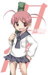  :d bad_id bad_pixiv_id blush brown_hair hand_on_hip nichijou open_mouth over_shoulder panties red_hair school_uniform short_twintails skirt smile solo tachibana_mihoshi twintails underwear weapon_bag wind wind_lift yumesato_makura 