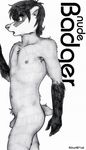  anthro badger flaccid fur gloves_(marking) hair male mammal markings monochrome mustelid nipples nude open_mouth penis plain_background rthur short_hair side_view solo standing tail uncut white_background 