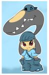 2_mouths ambiguous_gender anthro backpack baseball_cap beanie blue_background blue_backpack blue_baseball_cap blue_beanie blue_bottomwear blue_clothing blue_footwear blue_hat blue_headwear blue_pants blue_shirt blue_shoes blue_topwear bodily_fluids border bottomwear clothed clothed_ambiguous clothed_anthro clothing dendollae drooling english_text footwear generation_3_pokemon grey_body hand_in_pocket hat headgear headwear hi_res looking_at_viewer mawile multi_mouth nintendo outline oversized_bottomwear oversized_clothing oversized_pants pants pockets pokemon pokemon_(species) saliva shirt shoes simple_background smile snaggle_teeth solo tan_body text text_on_clothing text_on_hat text_on_headwear topwear white_border white_outline
