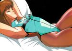  armpits arms_up bed_sheet blue_leotard brown_hair brown_legwear closed_eyes dangaiou eyelashes hirano_toshihiro leotard lips lying mia_alice on_back pantyhose sleeping solo 