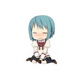  bad_id bad_pixiv_id blue_hair blush bow chibi closed_eyes hair_ornament hairclip kneehighs mahou_shoujo_madoka_magica miki_sayaka ribbon school_uniform short_hair simple_background sitting skirt solo tears tsuzuya_(knt31) wariza 