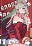  1girl absurdres bare_shoulders blush breasts cable_knit christmas closed_mouth commentary_request cowboy_shot detached_sleeves embarrassed fur-trimmed_sleeves fur_trim green_hair grey_hair hair_ornament hairband hairclip happy_birthday happy_new_year heaven_burns_red highres long_hair long_sleeves looking_at_viewer merry_christmas miniskirt mole mole_under_mouth murofushi_risa nose_blush off_shoulder pink_scarf pleated_skirt ponytail purple_eyes purple_scarf red_background red_hairband red_sleeves red_sweater scarf skirt sleeves_past_wrists smile solo strapless sweater takato_(takato_kwhra) white_skirt 