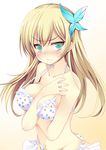  between_breasts bikini blonde_hair blush boku_wa_tomodachi_ga_sukunai breasts green_eyes hair_ornament kashiwazaki_sena kusano_(torisukerabasu) large_breasts long_hair navel polka_dot polka_dot_bikini polka_dot_swimsuit side-tie_bikini solo swimsuit 