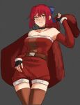 1girl absurdres bare_shoulders blue_bow bow choker christmas cowboy_shot elbow_sleeve ezekquel fingerless_gloves gloves grey_background hair_bow highres holding holding_sack kohaku_(tsukihime) red_hair sack tsukihime yellow_eyes 