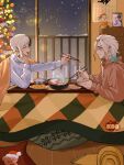  2boys asagiri_gen black_hair blue_hair bowl brown_hoodie calendar_(object) chopsticks christmas christmas_tree closed_eyes commentary dr._stone drawstring eating english_commentary feeding food hat highres holding holding_chopsticks hood hood_down hoodie implied_yaoi indoors ishigami_senkuu kotatsu kuraschuu long_sleeves male_focus medium_hair multicolored_hair multiple_boys night night_sky open_mouth picture_frame pillow profile santa_hat short_hair shrimp sitting smile snow snowing stuffed_animal stuffed_toy sweater table teddy_bear tempura two-tone_hair white_hair white_sweater window yaoi 
