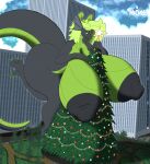 annoyed anthro areola artist_logo bent_leg big_areola big_breasts big_butt big_nipples black_body black_nipples blue_sky breasts building butt christmas christmas_decorations christmas_lights christmas_tree city city_background claws cloud cloudy_sky curvy_figure digitigrade dragon ear_frill european_mythology fangs female fluffy fluffy_hair forked_tongue frill_(anatomy) green_body green_breasts green_claws green_eyes green_hair green_horn green_scales green_tongue hair hand_on_breast hi_res holding_tree holidays horn huge_areola huge_breasts huge_butt huge_nipples huge_thighs hyper hyper_breasts kaya_(knockedoutdragon) knockedoutdragon logo long_hair long_tail macro_female mythological_creature mythological_scalie mythology nipples on_one_leg open_mouth plant scales scalie sky solo standing tail teeth thick_tail thick_thighs tongue tree watermark western_dragon