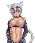  :q animal_ears aqua_eyes bare_shoulders bikini_top breasts cleavage dark_skin elbow_gloves eyewear_on_head gloves green_eyes grey_hair houtengeki kaiten_muten-maru large_breasts long_hair navel shamu_meruruusa solo strap_gap sunglasses tan tongue tongue_out yellow-framed_eyewear 