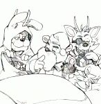 anthro avian bear bird bonnie_(fnaf) canid canine chica_(fnaf) chicken christmas christmas_clothing christmas_headwear clothing conabemin costume cupcake_(fnaf) eye_patch eyewear female five_nights_at_freddy's fox foxy_(fnaf) freddy_(fnaf) galliform gift gift_wrapped group hat headgear headwear hi_res holidays joyful lagomorph leporid male mammal phasianid rabbit santa_costume santa_hat scottgames shush sketch sleeping