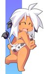  ^_^ animal_ears animal_print bad_id bad_pixiv_id bikini chibi closed_eyes copyright_request cow_ears cow_print cow_tail full_body open_mouth short_hair smile solo standing standing_on_one_leg swimsuit tail tan ushi white_hair 