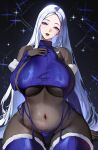  1girl black_lips black_nails blue_eyes blue_eyeshadow blue_panties blue_sleeves blue_sweater blue_thighhighs bodystocking breasts commentary detached_sleeves english_commentary eyeshadow female_pubic_hair fur-trimmed_sleeves fur-trimmed_thighhighs fur_trim hand_on_own_chest highres huge_breasts makeup navel original panties pubic_hair ribbed_thighhighs sakichka side-tie_panties solo suspenders sweater thighhighs underwear virgin_destroyer_sweater white_hair 