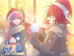  2girls alternate_costume blue_coat blue_eyes blue_gloves blush bocchi_the_rock! brown_coat brown_scarf coat cube_hair_ornament english_commentary gloves gotoh_hitori hair_ornament hat highres holding holding_snowball holding_snowman kita_ikuyo long_hair merry_christmas multiple_girls open_mouth pink_gloves pink_hair red_hair santa_hat scarf side_ahoge smile snowball snowman twitter_username y9_1229 yellow_eyes yuri 
