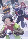  2boys amakara000 black_coat black_hair black_pants bracelet breath chespin clenched_teeth coat commentary_request corbeau_(pokemon) day emboar glasses gloves green_jacket gyarados hat highres jacket jewelry long_sleeves male_focus multiple_boys open_clothes open_coat open_jacket open_mouth outdoors pants paxton_(pokemon) pokemon pokemon_(creature) pokemon_legends:_z-a round_eyewear santa_hat scarf scolipede shirt shoes short_hair snow snowball snowball_fight snowing sweat teeth throwing white_shirt 