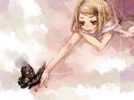  ameiro blonde_hair blue_eyes bug butterfly cloud colored_eyelashes face hair_ornament hairclip insect kagamine_rin nail_polish outstretched_hand rejoyce_(vocaloid) scarf short_hair solo vocaloid 