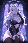  1girl :q black_leotard black_nails blue_eyes breasts grey_hair hair_between_eyes hair_intakes hand_on_own_knee leotard linea_alba long_hair nun original sakichka shoulder_tattoo sitting solo stained_glass tattoo thighhighs tongue tongue_out 