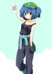  arm_up bare_shoulders blue_eyes blue_hair boots casual clothes_around_waist contemporary denim face hair_bobbles hair_ornament hand_behind_head hand_in_hair hand_in_pocket hat ica jacket_around_waist jeans kawashiro_nitori pants short_hair solo squiggle strap_slip tank_top touhou two_side_up 
