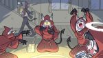 5girls animal_ears azazel_(helltaker) black_hair black_horns cerberus_(helltaker) demon_girl demon_horns demon_tail dog_ears halo helltaker holding holding_notepad horns justice_(helltaker) kyo-hei_(kyouhei) magic_circle multiple_girls notepad paint paint_can paintbrush red_robe ritual robe summoning tail white_hair 