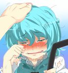 blue_hair blush broken closed_eyes crying dirty dirty_face face hand_on_another's_head hands highres loggy open_mouth out_of_frame petting pov pov_hands rubbing_eyes shirt short_hair snot solo_focus tatara_kogasa tears torn_clothes touhou umbrella 