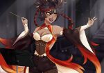  1girl alternate_costume back_cutout black_eyeliner black_nails black_sleeves breasts brown_hair brown_lips cleavage cleavage_cutout clothing_cutout conductor_baton dark-skinned_female dark_skin detached_sleeves eyeliner fishnets genshin_impact highres jewelry lipstick makeup multicolored_hair music_stand nail_polish orange_sleeves red_eyeliner red_sleeves ring see-through_clothes see-through_midriff shorts streaked_hair twintails twitter_username xinyan_(genshin_impact) yellow_eyes yunexa 