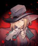  1girl black_background black_hat black_shirt blonde_hair closed_mouth coat coat_on_shoulders falling_petals finger_to_mouth gloves gradient_background hand_up hat hat_over_one_eye highres index_finger_raised looking_at_viewer mingzhaichuan mole_beside_mouth one_eye_covered petals ponytail red_background red_coat red_eyes reverse:1999 shirt short_ponytail smile solo tennant_(reverse:1999) upper_body white_gloves 