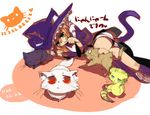  animal_ears blue_eyes cat cat_ears cat_tail hat lying on_side orange_hair original paw_pose shirow_(crazy) simple_background solo tail witch_hat 