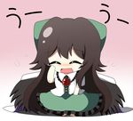  black_wings blush bow cape chibi closed_eyes crying fang green_bow hair_bow hand_on_own_face hasewox open_mouth reiuji_utsuho shirt sitting skirt solo tears third_eye touhou wings 