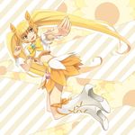  blonde_hair boots bow choker cure_sunshine dutch_angle foreshortening heart heartcatch_precure! highres knee_boots long_hair magical_girl midriff myoudouin_itsuki oitsuki_(getsumen_diver) open_mouth orange_bow orange_choker precure skirt solo twintails very_long_hair yellow_bow yellow_eyes 