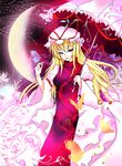  acryl bad_id bad_pixiv_id blonde_hair bow bug butterfly crescent_moon dress frills hat hat_bow hat_ribbon highres insect long_hair moon parasol purple_eyes ribbon solo tabard touhou umbrella yakumo_yukari 