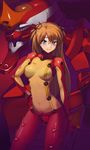  blue_eyes blush bodysuit breasts brown_hair eva_02 evangelion:_2.0_you_can_(not)_advance hand_on_hip light_smile long_hair mecha medium_breasts multicolored multicolored_bodysuit multicolored_clothes navel neon_genesis_evangelion orange_bodysuit plugsuit rebuild_of_evangelion red_bodysuit shikinami_asuka_langley smile solo souryuu_asuka_langley test_plugsuit yangsion 