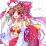  bad_id bad_pixiv_id bare_shoulders bow breasts brown_hair character_name cleavage copyright_name detached_sleeves fox_mask hair_bow hair_tubes hakurei_reimu looking_at_viewer mask medium_breasts open_mouth ratise red_eyes ribbon smile solo tassel touhou 