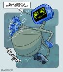  2025 abdominal_bulge ambiguous_gender belly belly_slap big_belly blush english_text female_(lore) for_a_head glorp grey_body hi_res huge_belly humor karen_plankton leheart machine metallic_body nickelodeon not_furry object_head onomatopoeia pun robot rumbling_stomach screen screen_face screen_head signature simple_background slap slapping_own_belly slapping_self solo sound_effects spongebob_squarepants standing text vore wheel wheel_feet 