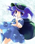  backpack bag bangs blue_eyes blue_hair blunt_bangs foreshortening hair_bobbles hair_ornament hat highres kawashiro_nitori key pocket pointing pointing_at_viewer skirt solo touhou two_side_up yume_shokunin 