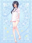  :o barefoot black_hair blue_background blush bra copyright_request dress_shirt earrings embarrassed hair_ornament hairclip jewelry lingerie long_hair ooyuki open_mouth see-through shirt solo source_request underwear 