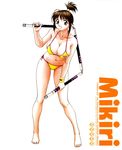  barefoot bikini black_hair breasts change123 cleavage feet highres highresstaff iwasawa_shiuri large_breasts leaning_forward looking_at_viewer mikiri_(change123) ponytail sakaguchi_iku side-tie_bikini smile solo staff swimsuit three_section_staff weapon wristband 