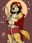 absurd_res anthro bird_dog briefs candy candy_cane canid canine canis christmas christmas_clothing christmas_headwear clothing dessert domestic_dog facial_hair flirting flirting_look flirting_with_viewer floppy_ears food fudatsu hair hat headgear headwear hi_res holidays hunting_dog long_hair male male_anthro mammal reany_(reanyx3) retriever santa_hat tattoo trunks_briefs underwear