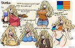  +_+ 1girl :o ? ?? ^_^ absurdres arrow_(symbol) artist_name bag belt bikini black_eyes blonde_hair blue_shirt blue_shorts border breasts brown_background brown_shirt brown_sweater character_name cleavage cleavage_cutout closed_eyes closed_mouth clothing_cutout commentary crop_top cup denim denim_shorts dripping english_commentary english_text fake_text flag flag_print flag_print_bikini food gold_necklace hair_over_one_eye highres holding holding_cup holding_plate jewelry l_hand large_breasts laughing long_hair long_sleeves messy_hair midriff mixed-language_text mole mole_under_eye multiple_views murgoten navel necklace notice_lines open_mouth orange_shirt original partially_shaded_face plate print_bikini red_belt red_shirt reference_sheet shirt short_sleeves shorts shoulder_bag simple_background smile sparkle split_mouth stella_(murgoten) sweatdrop sweater swept_bangs swimsuit teeth upper_body upper_teeth_only white_bag white_border 