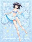  barefoot bikini black_hair blue_background blue_sarong breasts cleavage end_breaker! feet medium_breasts one_eye_closed ooyuki sarong sarong_lift short_hair skirt skirt_lift smile solo source_request striped striped_bikini striped_swimsuit swimsuit two_side_up 