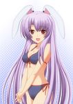  absurdres animal_ears bad_id bad_pixiv_id bikini breasts bunny_ears front-tie_top hands_clasped highres long_hair medium_breasts nama_gusa own_hands_together purple_hair reisen_udongein_inaba smile solo swimsuit touhou v_arms very_long_hair 