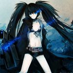  belt black_hair black_rock_shooter black_rock_shooter_(character) bra burning_eye lingerie long_hair looking_at_viewer scar short_shorts shorts solo twintails underwear uno_(colorbox) very_long_hair weapon 
