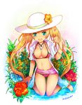  :d aqua_eyes barefoot bikini blonde_hair blue_eyes bracelet breasts cleavage cordelia_glauca flower hat hibiscus highres jewelry kara_(color) kneeling long_hair medium_breasts necklace open_clothes open_mouth open_shirt pink_sarong sarong sarong_pulled_up shirt side-tie_bikini smile solo strap_gap sun_hat swimsuit tantei_opera_milky_holmes thigh_gap twintails watch wristwatch 