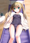  bad_id bad_pixiv_id beach blonde_hair cameltoe green_eyes long_hair lying one-piece_swimsuit original school_swimsuit smile solo swimsuit towel tsukino_neru twintails 