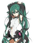  1girl armpits arms_up bare_shoulders black_bridal_gauntlets breasts bridal_gauntlets center_opening clothing_cutout cowboy_shot green_eyes green_hair hashtag-only_commentary hatsune_miku hatsune_miku_(append) highres hip_gear leotard long_hair miko_heb navel necktie open_mouth simple_background small_breasts solo twintails very_long_hair vocaloid vocaloid_append white_background white_leotard 