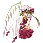  ascot blonde_hair blood bloody_clothes blush finger_licking flandre_scarlet full_body hat hat_ribbon licking lowres outstretched_hand pantyhose red_eyes ribbon shirt shoes side_ponytail single_wing skirt skirt_set solo touhou transparent_background unasaka_ryou white_legwear wings 