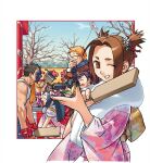  :d :p ;d bare_shoulders black_hair bow brown_eyes brown_hair camera closed_eyes commentary edaki_shin'ya edge_(justice_gakuen) english_commentary festival fingerless_gloves floral_print floral_print_kimono flower from_side fur-trimmed_kimono fur_trim game_cg glasses gloves hagoita hair_bow hair_flower hair_ornament hand_to_own_mouth hanetsuki hibiki_ran highres holding holding_camera ichimonji_batsu isurugi_gan japanese_clothes justice_gakuen kagami_kyosuke karuizawa_momo kimono kite kuji-in laughing looking_at_viewer moero!_justice_gakuen official_art one_eye_closed orange_hair outside_border paddle paint_splatter paint_splatter_on_face paintbrush pink_kimono print_kimono second-party_source short_hair short_twintails smile tank_top teeth tongue tongue_out torii twintails wakaba_hinata 