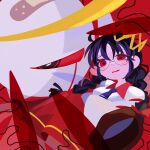  1girl bandaid black_hair braid commentary_request crown fairy fairy_wings glasses halo highres kirby_(series) kirby_64 long_hair low_twin_braids omame_sakana one-eyed red_background red_eyes ripple_star_queen sleeves_past_fingers sleeves_past_wrists tears twin_braids wings zero_two_(kirby) 