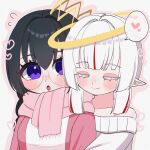  2girls alt_0218 black_hair blush closed_eyes commentary_request crown flying_sweatdrops glasses halo heart highres hug hug_from_behind kirby_(series) kirby_64 long_hair multiple_girls off-shoulder_sweater off_shoulder personification pink_scarf pointy_ears purple_eyes ripple_star_queen scarf signature smile sweater white_hair white_sweater zero_two_(kirby) 