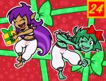 2023 5_fingers 5_toes barefoot bent_leg bottomwear box breasts brown_body brown_skin captainquack64 christmas christmas_gift cleavage clothed clothed_female clothed_humanoid clothing colored container crop_top detachable detachable_head digital_drawing_(artwork) digital_media_(artwork) duo english_description eyebrows eyelashes eyes_closed feet female female_humanoid fingers fully_clothed fully_clothed_female fully_clothed_humanoid genie gift gift_box green_body green_bow green_eyebrows green_hair green_skin hair happy hi_res holding_gift holding_object holding_own_head holidays humanoid humanoid_pointy_ears hybrid light lighting long_hair medium_breasts midriff multicolored_hair navel not_furry one_eye_closed outline pants pink_clothing pink_underwear pointy_ears purple_eyebrows red_bow red_eyes rottytops shantae shantae_(series) shirt short_hair signature small_nose smile smiling_at_another snowflake_background text_box toes topwear two_tone_hair undead under_boob underwear wayforward white_bottomwear white_clothing white_crop_top white_outline white_pants white_topwear zombie