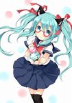  aqua_eyes aqua_hair bespectacled food glasses hair_ribbon hatsune_miku ice_cream kemonomimi_mode long_hair red-framed_eyewear ribbon school_uniform serafuku skirt smile solo thighhighs twintails vocaloid yukim27 zettai_ryouiki 